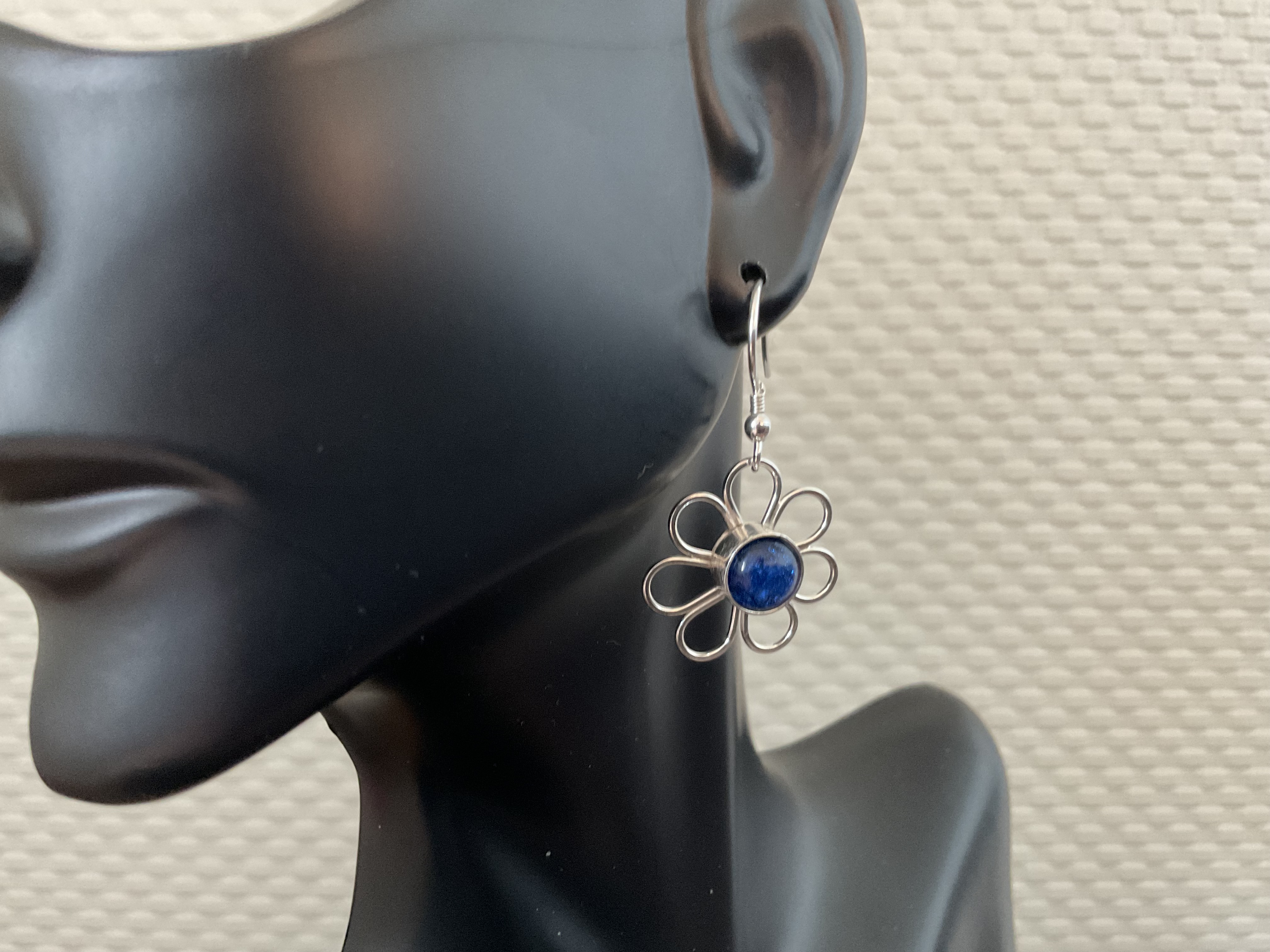 Blue Daisy Dichroic Fused Glass Dangle Earrings